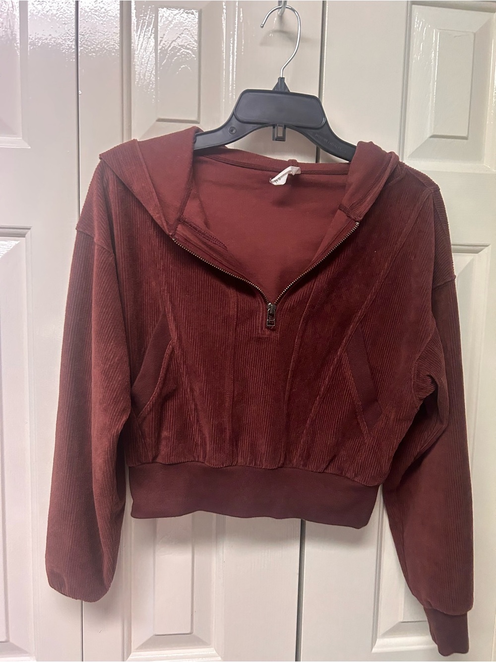 Anthropologie Cropped Corduroy Half-Zip Hoodie in Rust Brown
